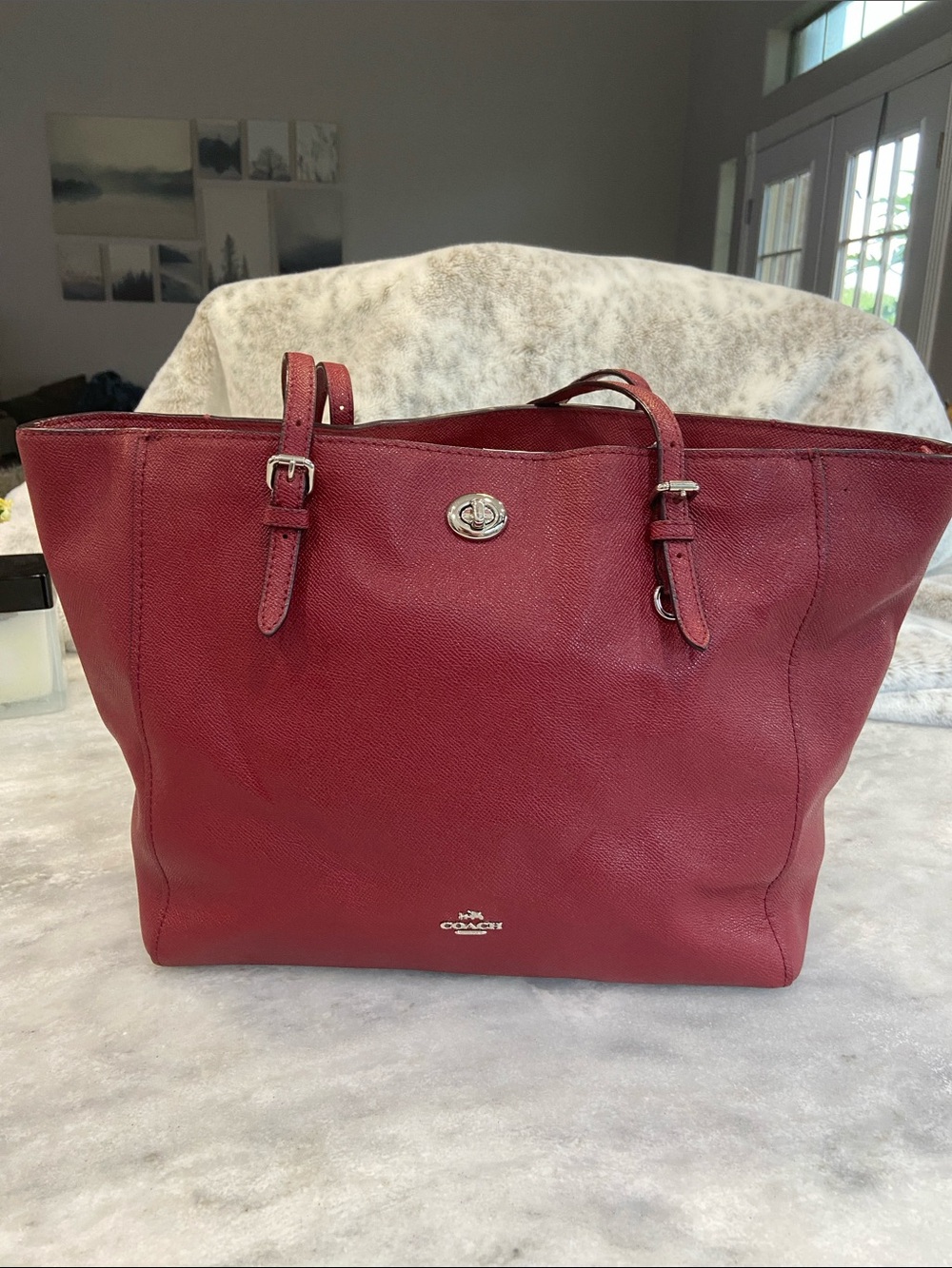 Coach Leather Turnlock Tote in Wine Red